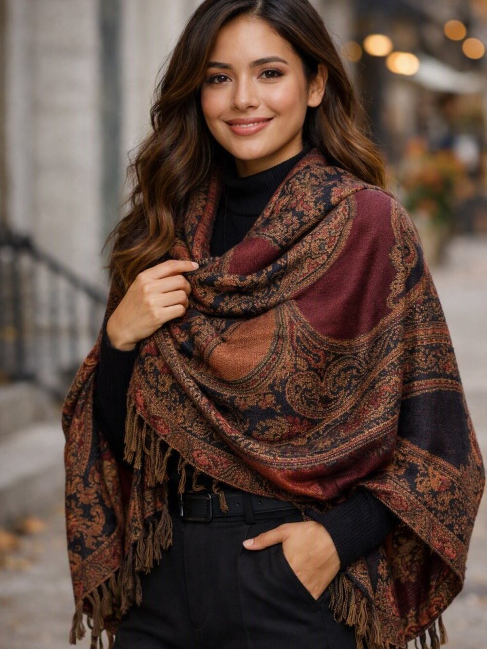 Paisley Fringe Shawl Wrap – Rich Brown Boho Tapestry Scarf | Fall Layering 